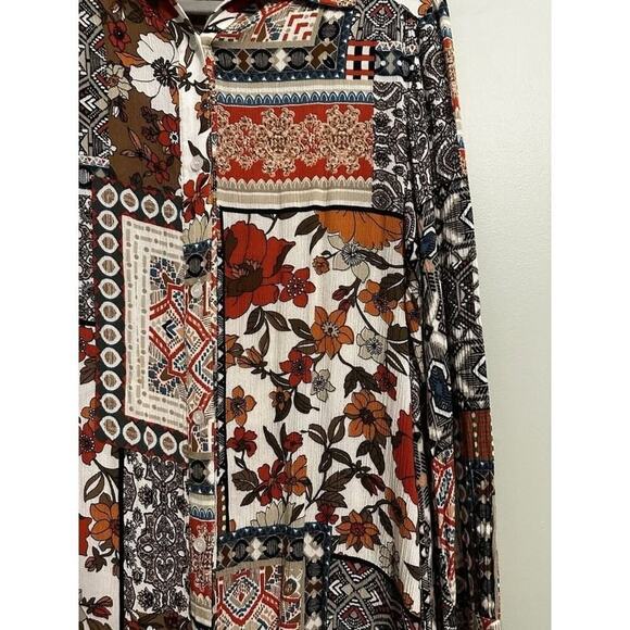 Boho Floral Geometric Quilt Square Pattern Long Sleeve Button-Down Shirt Kimono - Picture 6 of 16